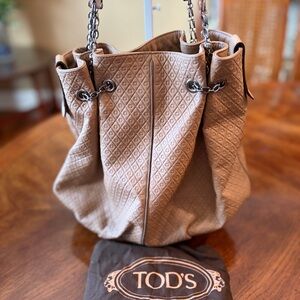 Tod's Signature Embossed Leather Bucket Bag w/ Logo Plaque